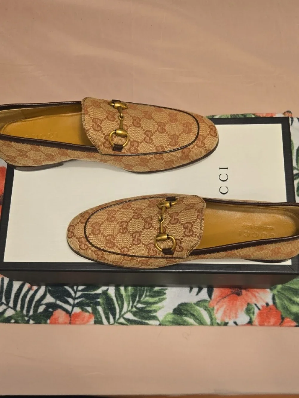 Gucci Beige GG Canvas Horsebit Slip-On Loafers